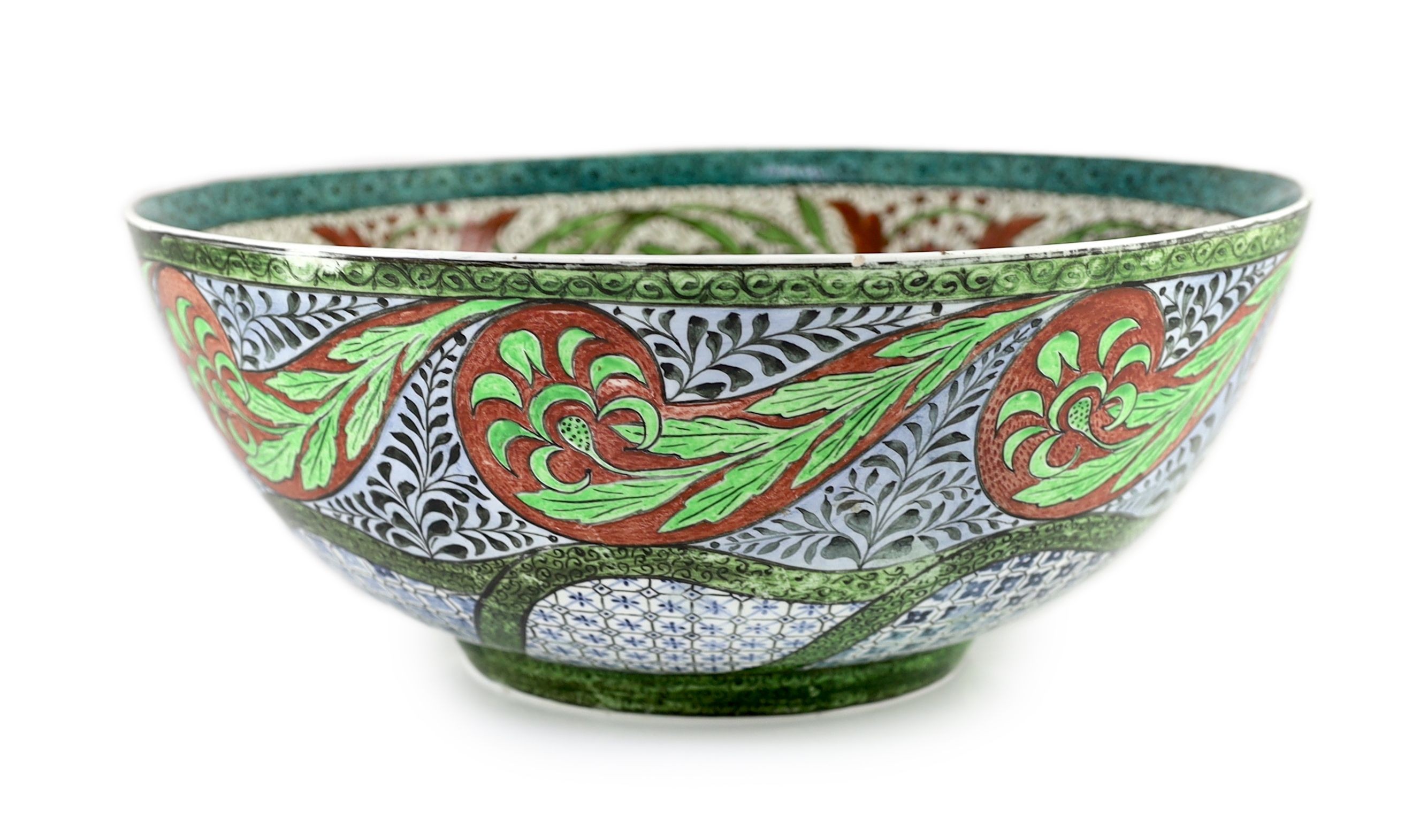 An unusual Arts & Crafts experimental pottery bowl, dated 1914, in de Morgan style, by Torquato Castellani (1843-1931), 37cm diameter